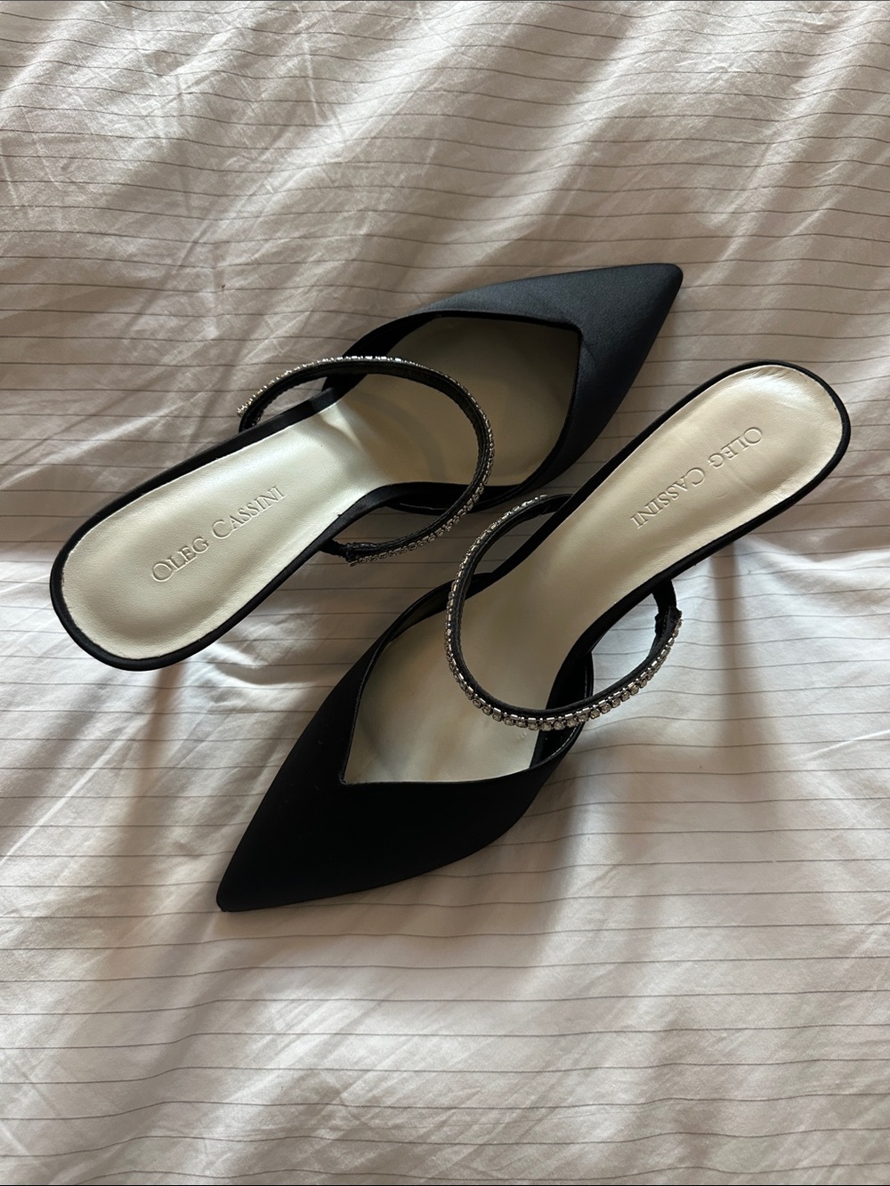 Oleg Cassini Black Pointed-Toe Slip-On Mules with Jeweled Strap